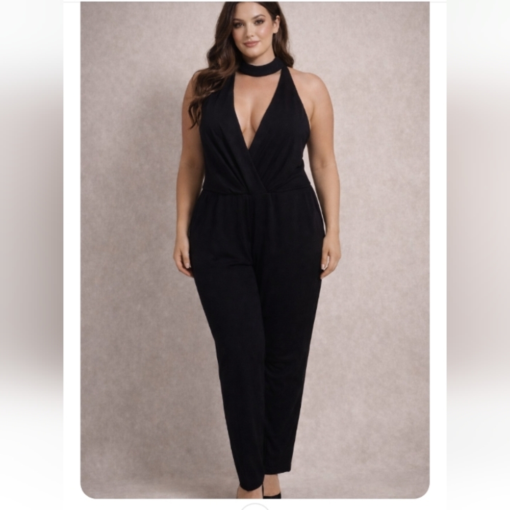 Fashion Nova Kadienne Black Plunging Jumpsuit 3X NWT Choker Neck